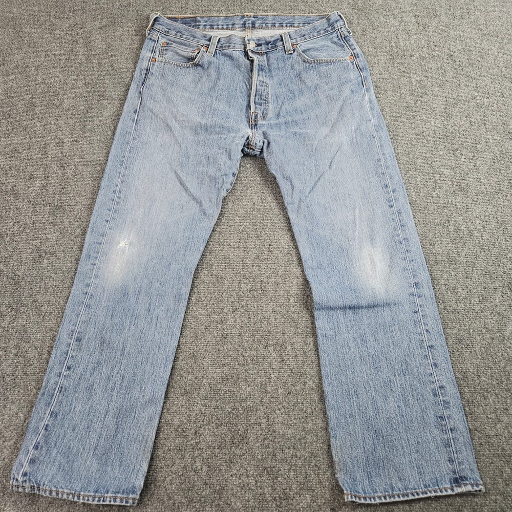Levi's 501 Straight Leg Jeans Mens 35x30 Light Wash Distressed Button Fly Denim